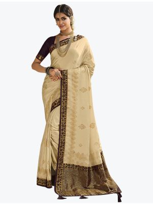 Royal Cream Satin Silk Woven Designer Saree