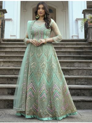 Seafoam Green Butterfly Net Semi Stitched Anarkali Suit small FABSL21302