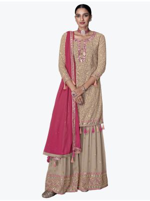 Beige Faux Georgette Sharara Suit With Thread Work small FABSL21332