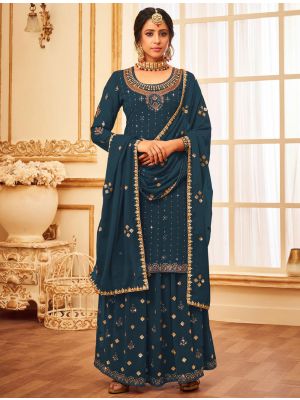 Blue Faux Georgette Sharara Suit With Sequins Work small FABSL21337