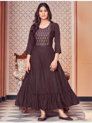 brown fine rayon long kurti with multi embroidery fabku20728