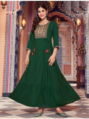 green fine rayon long kurti with multi embroidery fabku20729