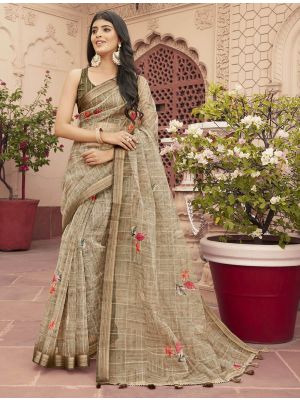 Light Brown Organza Party Wear Printed Saree