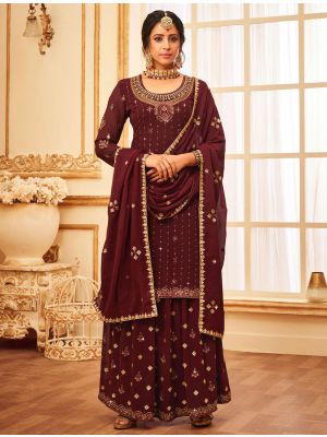 Maroon Faux Georgette Sharara Suit With Sequins Work small FABSL21338