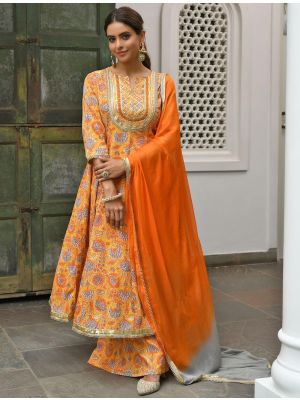 Mustard Cotton Floral Printed Readymade Palazzo Suit FABSL21368