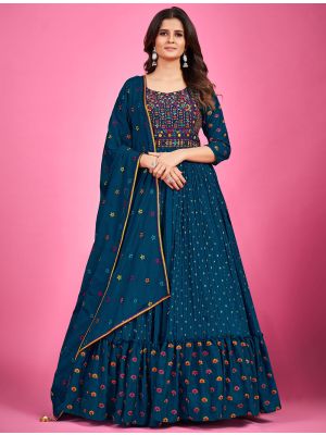 navy blue chinon silk designer readymade gown with dupatta fabgo20163