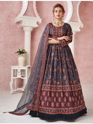 navy blue dola silk printed readymade gown with dupatta fabgo20172