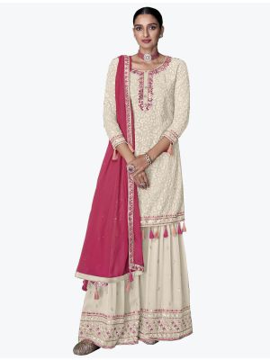 Off White Faux Georgette Sharara Suit With Thread Work small FABSL21335