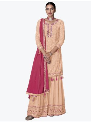 Peach Faux Georgette Sharara Suit With Thread Work small FABSL21336