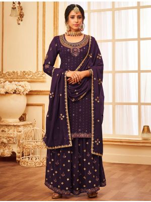 Purple Faux Georgette Sharara Suit With Sequins Work small FABSL21340