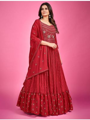red chinon silk designer readymade gown with dupatta fabgo20159
