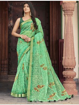 Sea Green Organza Party Wear Printed Saree