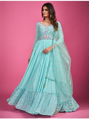 sky blue chinon silk designer readymade gown with dupatta fabgo20160