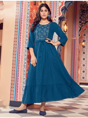 teal fine rayon long kurti with multi embroidery fabku20727