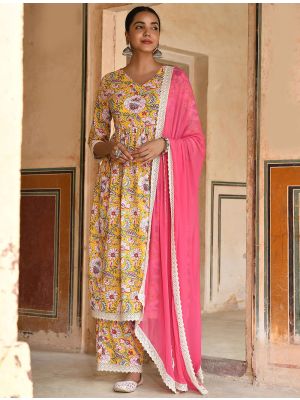 Yellow Cotton Floral Printed Readymade Palazzo Suit FABSL21371