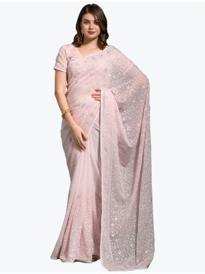 Baby Pink Blooming Georgette Embroidered Saree