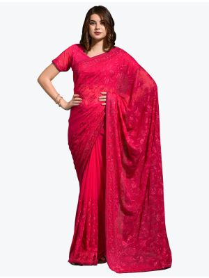 Bright Pink Blooming Georgette Embroidered Saree