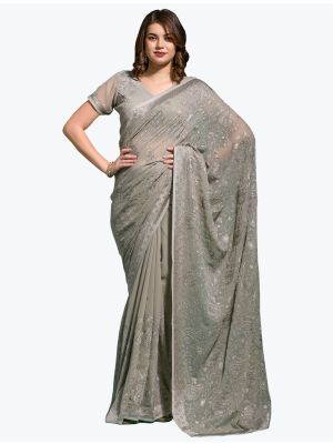 Grey Blooming Georgette Embroidered Saree FABSA21976