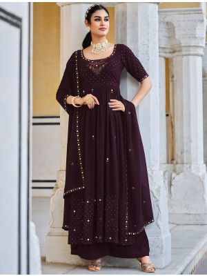 Dark Purple Georgette Palazzo Suit With Mirror Embroidery small FABSL21479