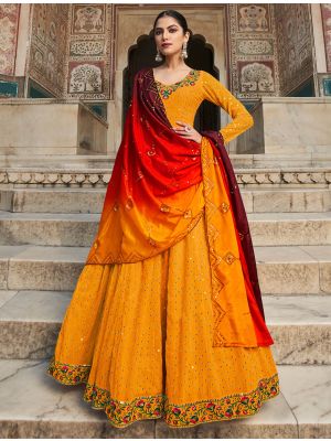 deep orange premium georgette designer gown with dupatta fabgo20195