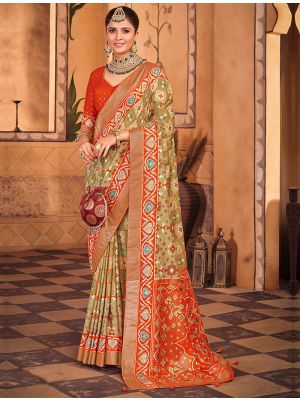 Fern Green Cotton Silk Foil Printed Woven Saree