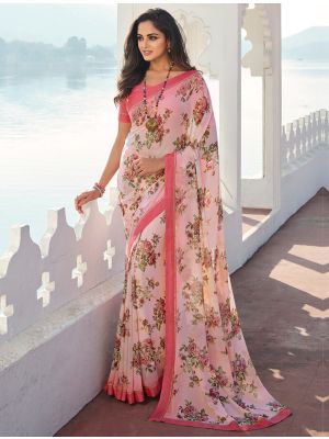 Pastel Pink Floral Printed Party Wear Georgette Saree