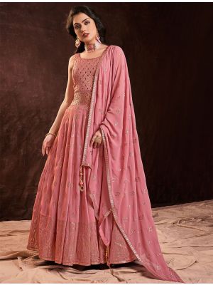 peachy pink pure georgette ready to wear designer gown fabgo20201