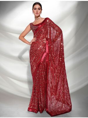 Rich Maroon Fancy Georgette Saree With Heavy Sequins