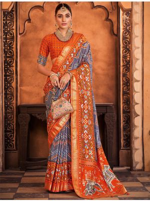 Steel Grey Cotton Silk Foil Printed Woven Saree