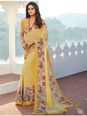 Yellow Floral Printed Party Wear Georgette Saree