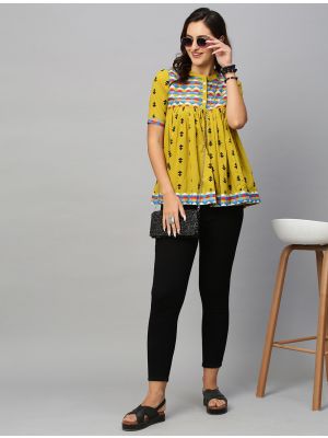 yellowish green pure cotton printed short kurti fabku20765