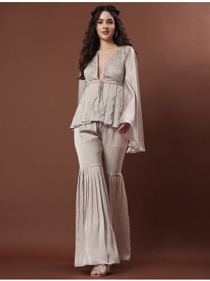 beige chiffon satin modern indo western dress fabku20776