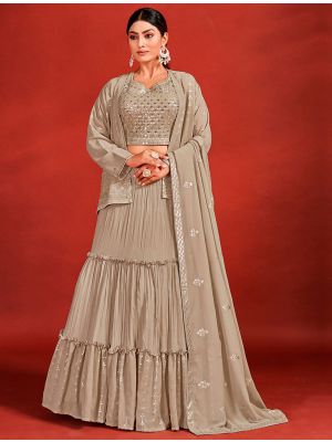 Beige Georgette Readymade Lehenga Choli With Jacket FABLE20351