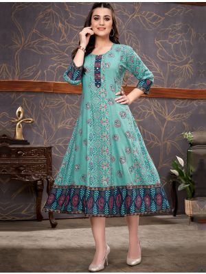 light blue superior rayon printed comfy kurti fabku20799