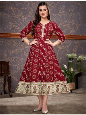 maroon superior rayon printed comfy kurti fabku20795