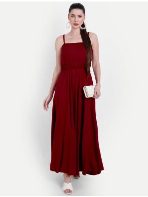 rich maroon viscose rayon flared sleeveless maxi dress fabku20816