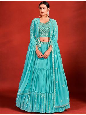 Turquoise Georgette Readymade Lehenga Choli With Jacket FABLE20355
