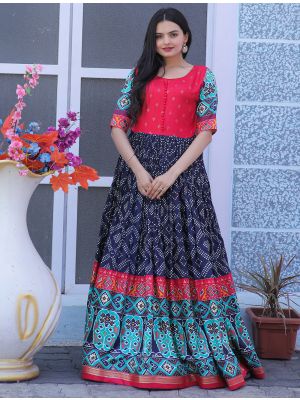 blue dola silk readymade gown with patola foil print fabgo20229