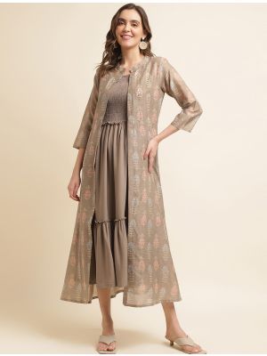 brown rayon cotton women dress with printed shrug fabku20826