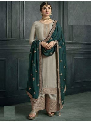 Creamy Beige Silk Georgette Embroidered Palazzo Suit small FABSL21521