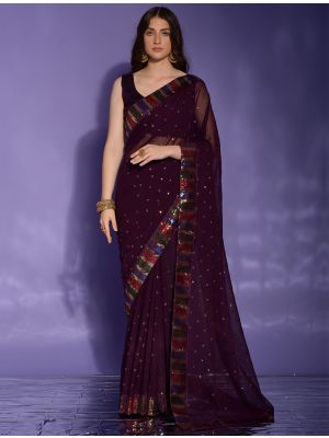 Dark Wine Party Wear Georgette Saree With Sequins