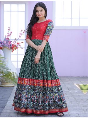 green dola silk readymade gown with patola foil print fabgo20230