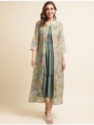 green rayon cotton women dress with printed shrug fabku20830