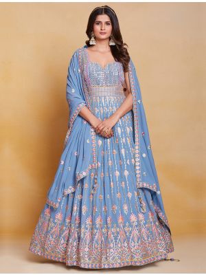 pastel blue pure georgette readymade gown with dupatta fabgo20235