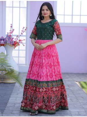pink dola silk readymade gown with patola foil print fabgo20231