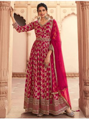 Pinkish Red Dola Silk Semi Stitched Anarkali Suit FABSL21560