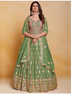 pista green pure georgette readymade gown with dupatta fabgo20238