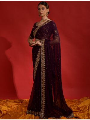 Rich Wine Party Wear Georgette Saree With Sequins
