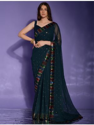 Teal Blue Party Wear Georgette Saree With Sequins