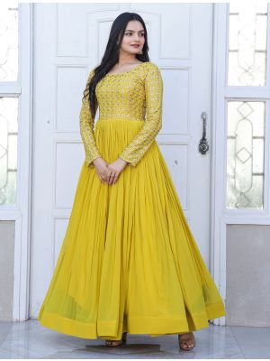 yellow georgette readymade gown with zari and sequins fabgo20226